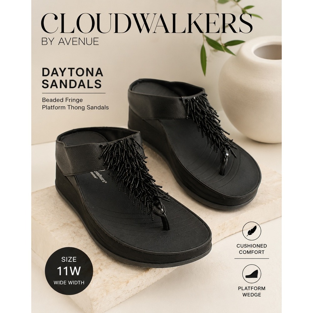 Cloudwalkers by Avenue Daytona Sandals Women 11W Black Beaded Fringe Wedge Thong